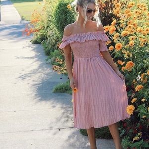 Chicwish Sunday Afternoon Off The Shlouder Pleated Dress